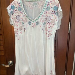 Johnny Was White Blouse with Blue and Pink Embroidery